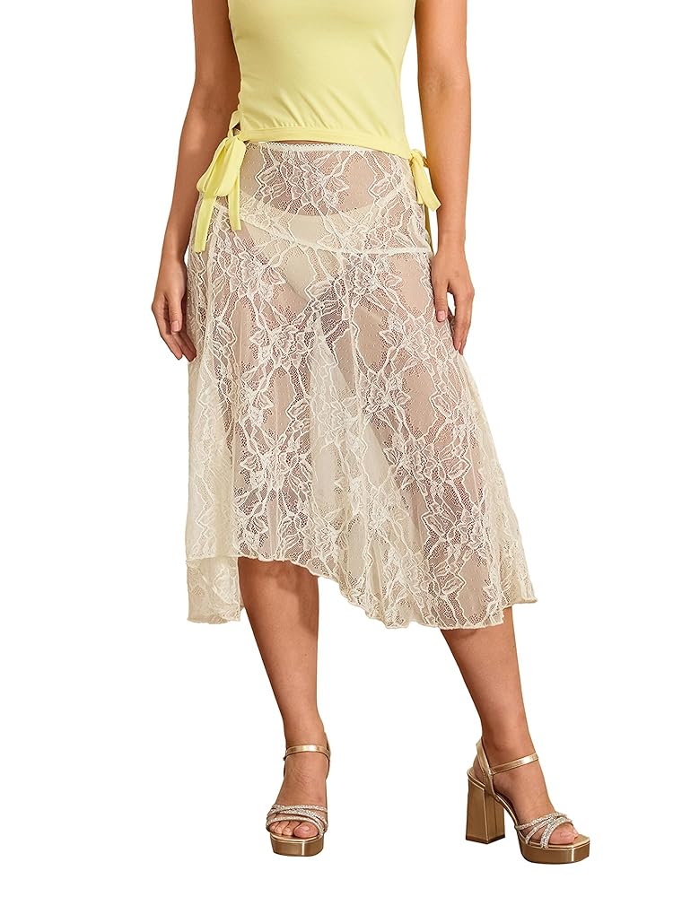 Women's Sheer Lace Skirt Flower See Through Low Rise Midi